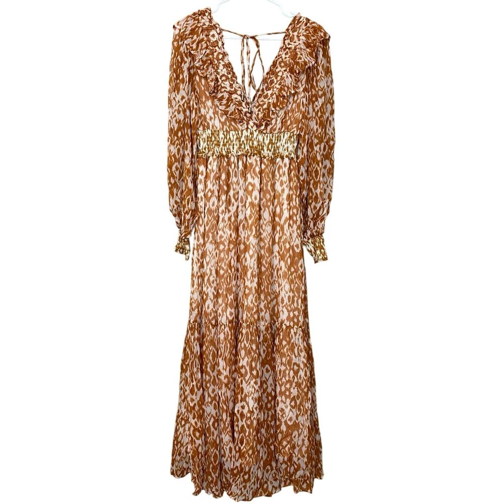 Anthropologie Odetta Ruffled V Neck Maxi Dress Small Honey Orange Boho Cottage - Picture 4 of 13